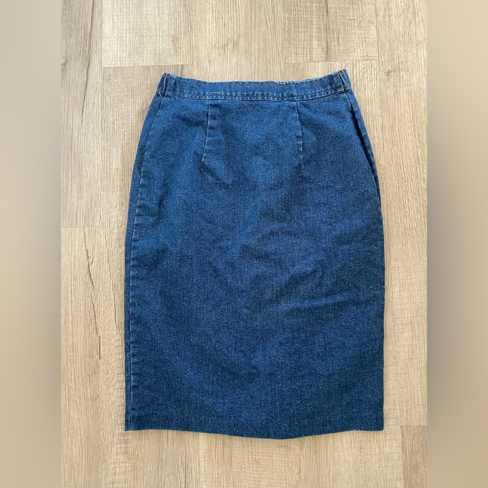Vintage Classic Blue Zip-Back Denim Knee Midi Length Skirt Closet Staple - Sz 10